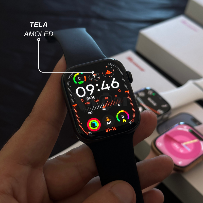 Relógio smartwatch W99+ Amoled: Tela AMOLED, funções exclusivas e design elegante, Sua música, suas fotos, seu estilo