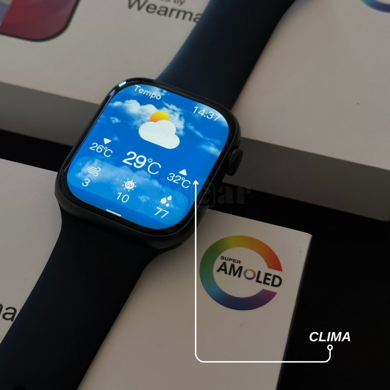 Relógio smartwatch W99+ Amoled: Tela AMOLED, funções exclusivas e design elegante, Sua música, suas fotos, seu estilo
