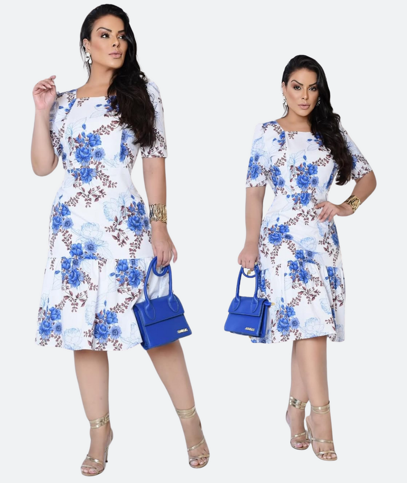 Vestido Midi Estampado: Elegância e Conforto em Crepe Santorine com Mangas 3/4